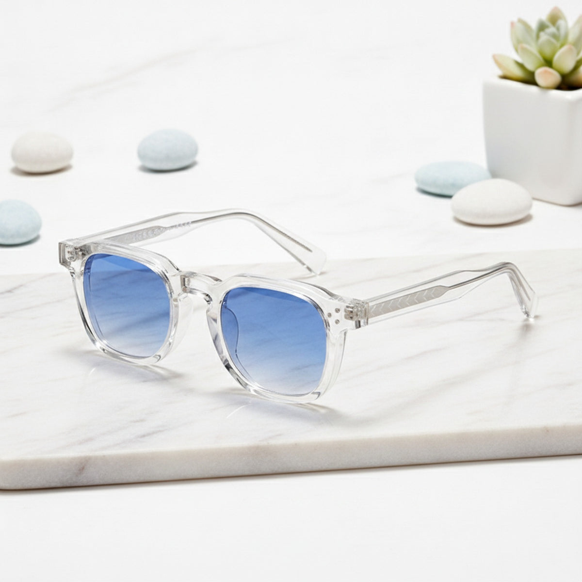 Lunettes De Soleil Carrées Style Rétro - Bleu Et Blanc