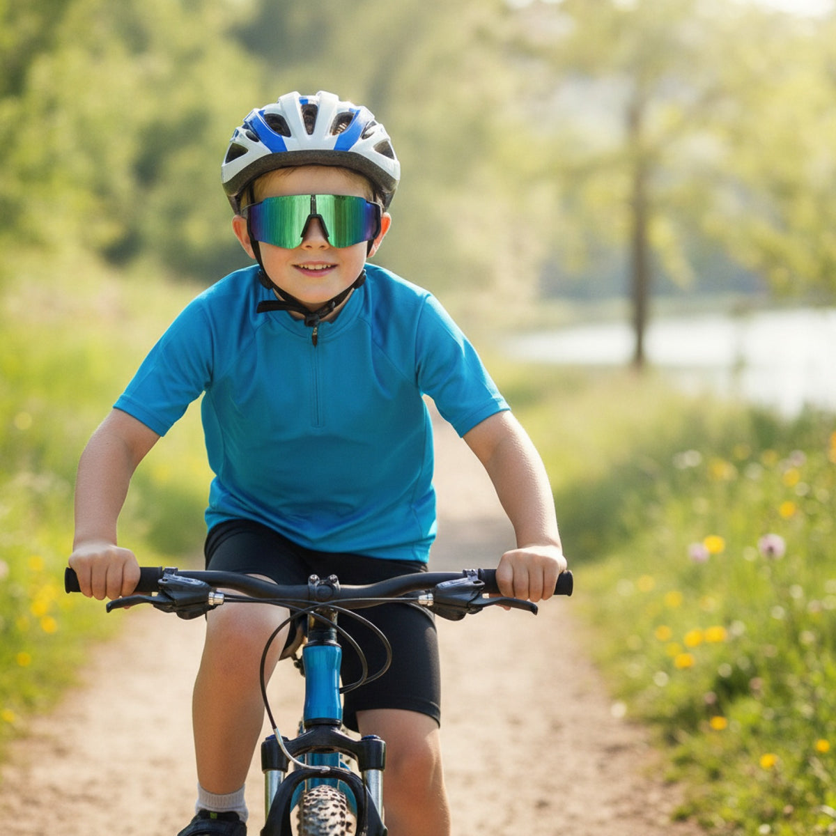 Lunettes de Soleil Cyclisme Enfant Anti-UV Coupe-Vent - Noir Bleu