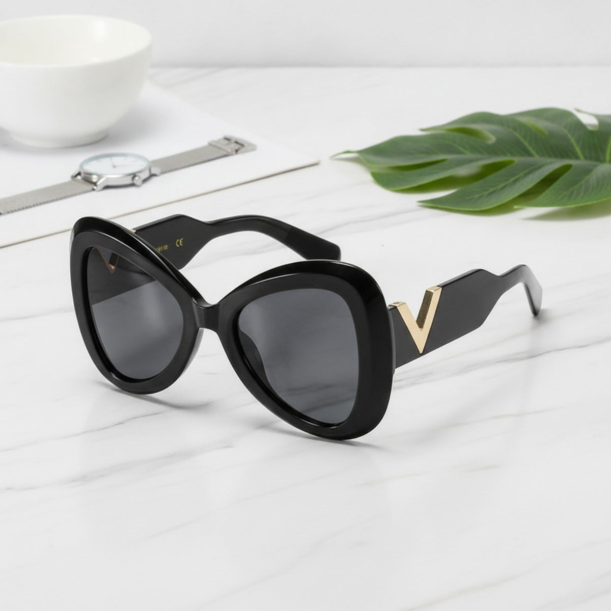 Lunettes De Soleil Papillon Œil De Chat Luxe Pour Femmes et Hommes - Noir, Gris