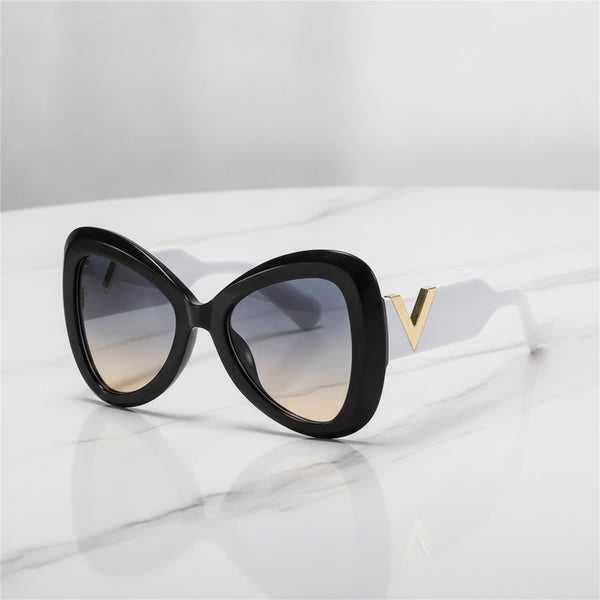 Lunettes De Soleil Femme Papillon Oeil De Chat Grand Cadre - Blanc, Gris, Jaune