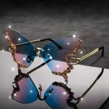 Lunettes De Soleil Papillon Sans Bords Femme Et Homme, Strass Dégradés - Bleu Et Rose