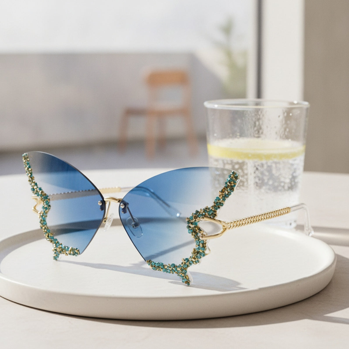 Lunettes De Soleil Papillon Sans Bords Pour Femme Et Homme, Style Strass Dégradé - Bleu Clair