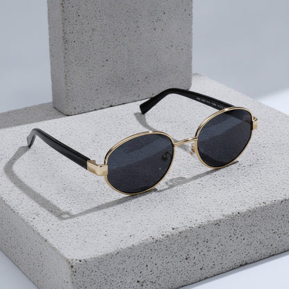 Lunettes De Soleil Ovales Rétro Vintage En Métal Pour Hommes Et Femmes - Doré Gris