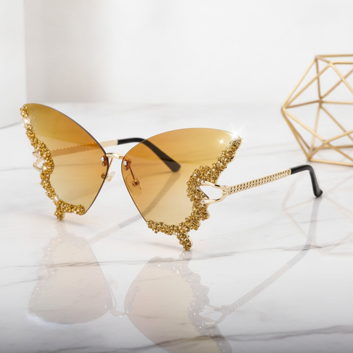 Lunettes De Soleil Papillon Sans Bords Pour Femme Et Homme - Strass Dégradés
