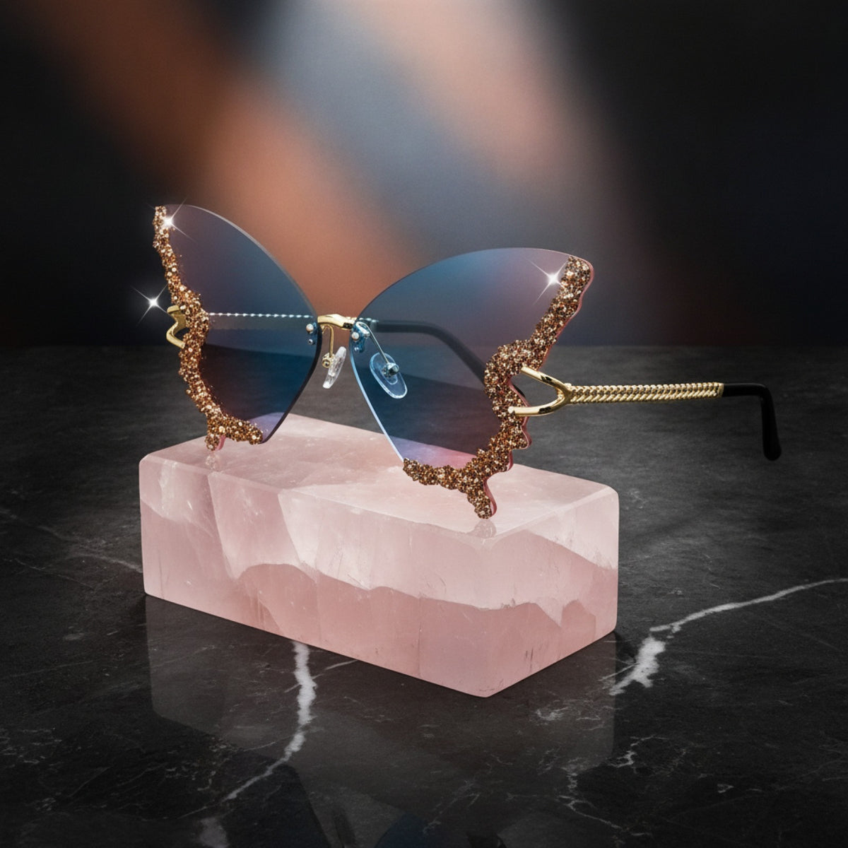 Lunettes De Soleil Papillon Sans Bords Femme Et Homme, Strass Dégradés - Bleu Et Rose