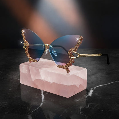 Lunettes De Soleil Papillon Sans Bords Femme Et Homme, Strass Dégradés - Bleu Et Rose