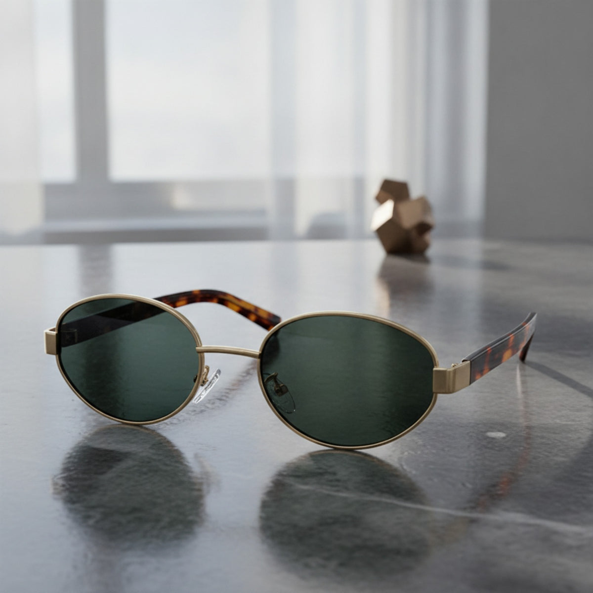 Lunettes De Soleil Ovales Rétro Vintage Luxe - Homme Et Femme, Monture Métal Doré Vert