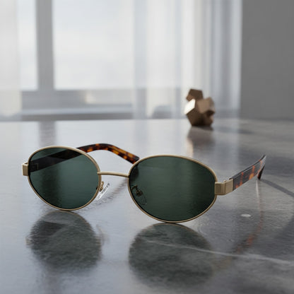 Lunettes De Soleil Ovales Rétro Vintage Luxe - Homme Et Femme, Monture Métal Doré Vert