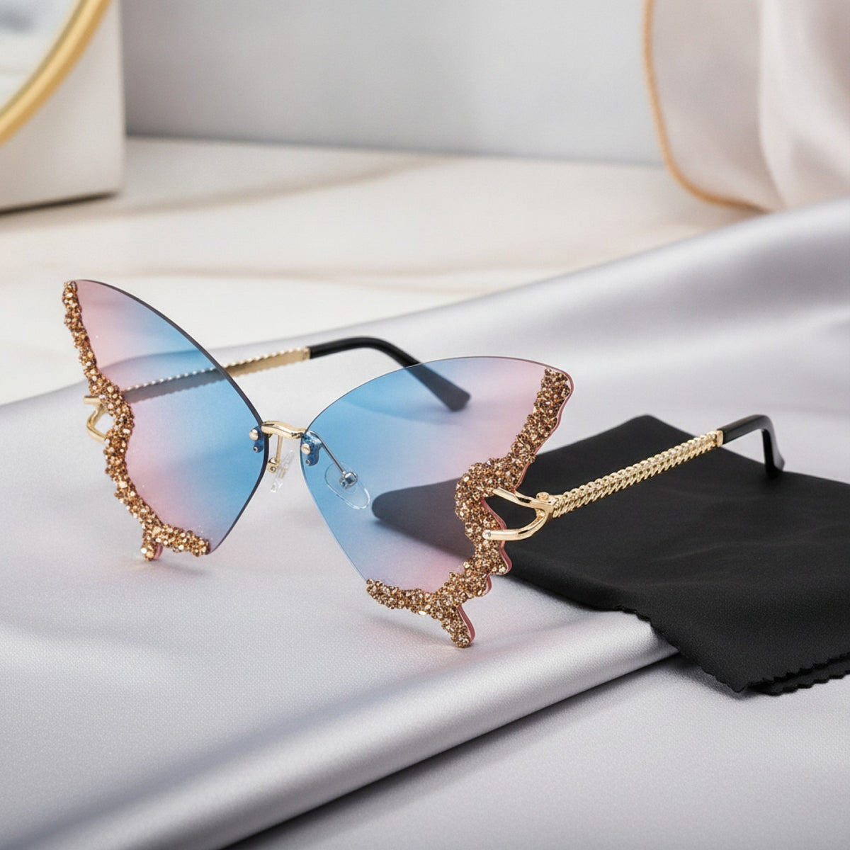 Lunettes De Soleil Papillon Sans Bords Femme Et Homme, Strass Dégradés - Bleu Et Rose