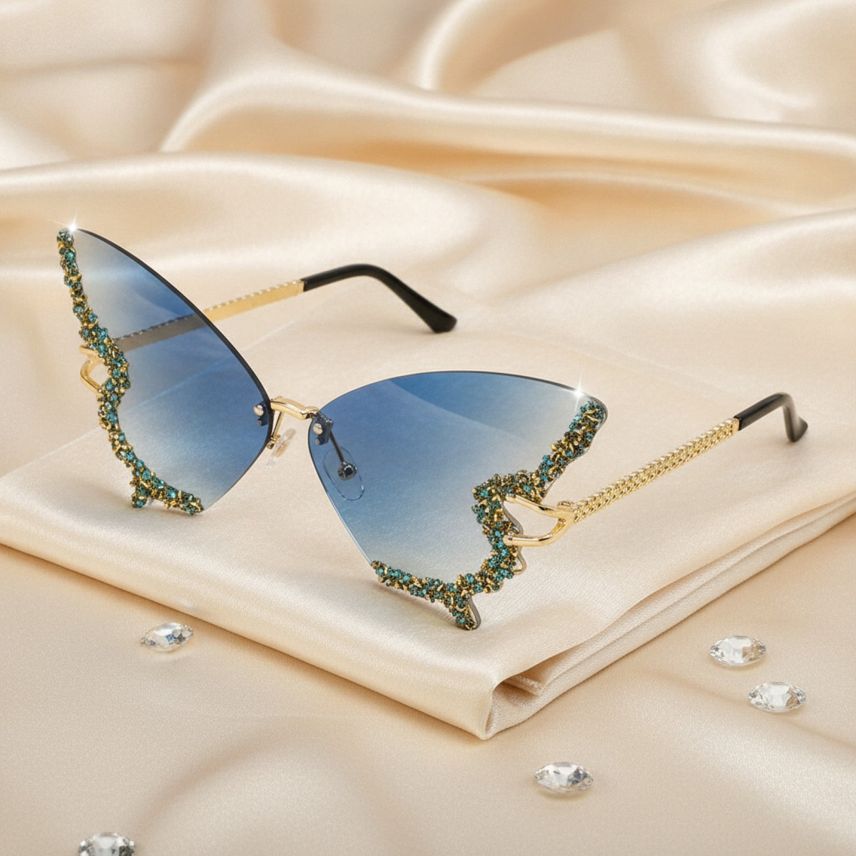 Lunettes De Soleil Papillon Sans Bords Pour Femme Et Homme, Style Strass Dégradé - Bleu Clair
