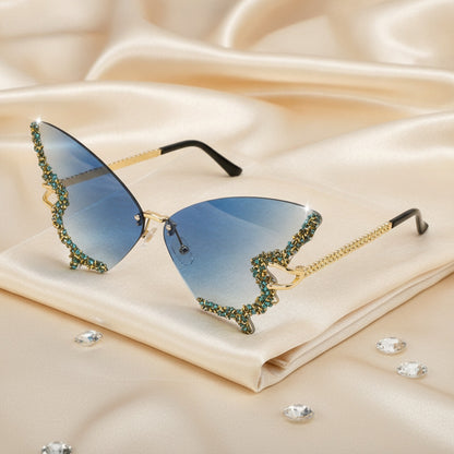Lunettes De Soleil Papillon Sans Bords Pour Femme Et Homme, Style Strass Dégradé - Bleu Clair