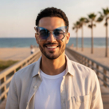 Lunettes De Soleil Papillon Sans Bords Femme Et Homme, Strass Dégradés - Bleu Et Rose