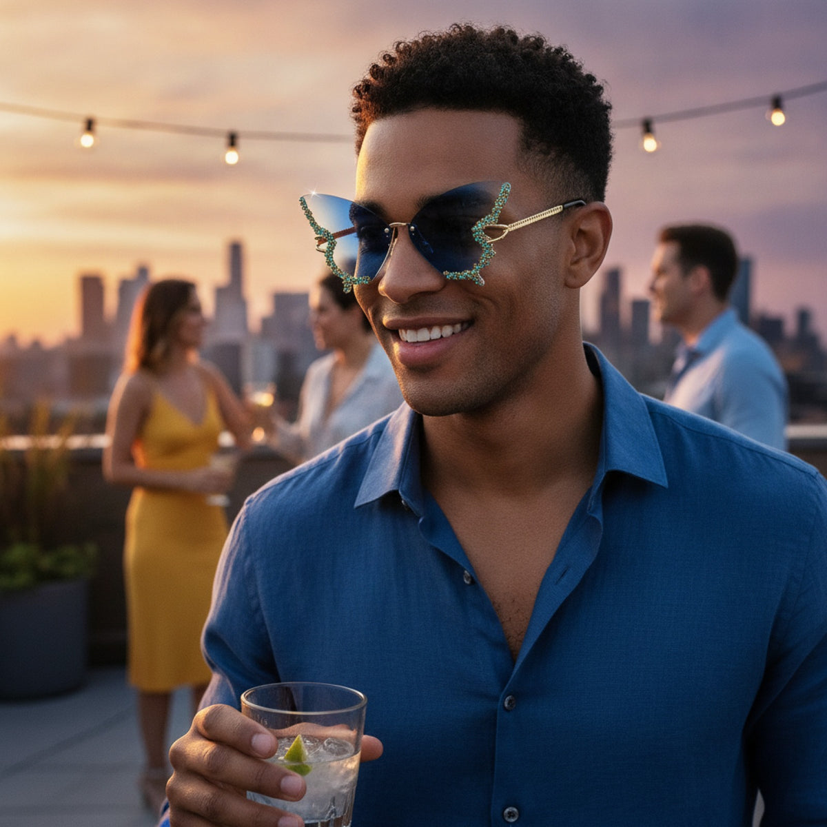 Lunettes De Soleil Papillon Sans Bords Pour Femme Et Homme, Style Strass Dégradé - Bleu Clair