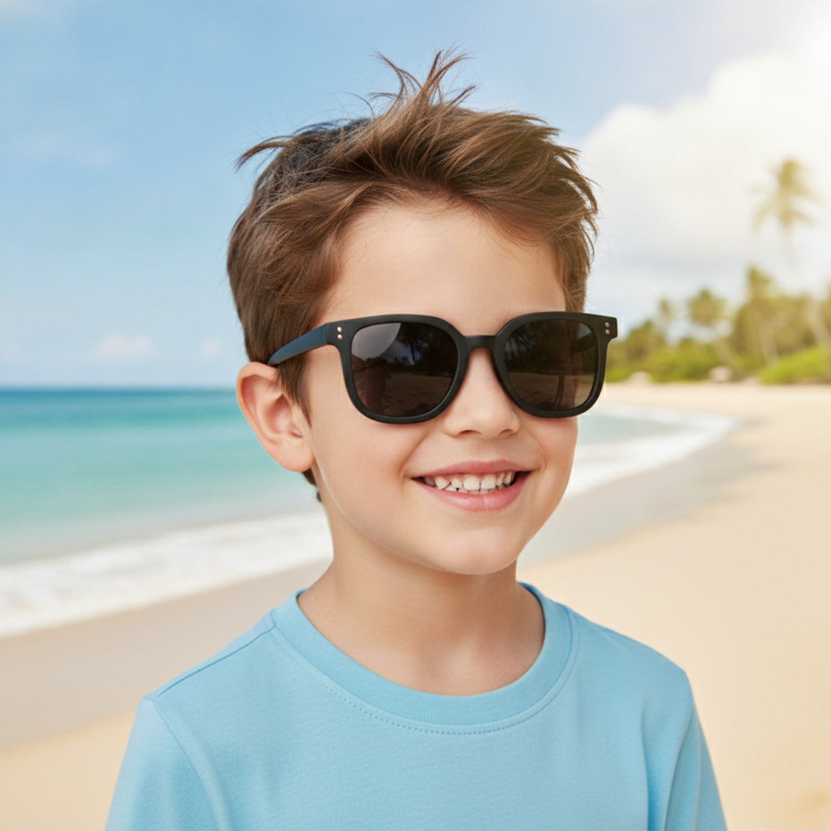 Lunettes de Soleil Carrées Enfant Protections Solaire - Tendance Idéal pour l'Extérieur - Noir Brillant