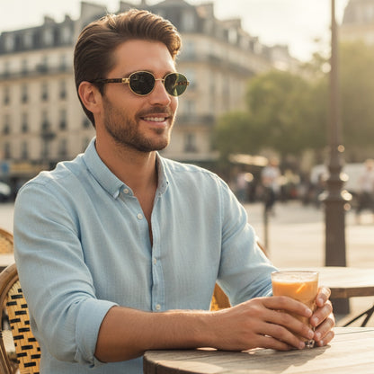 Lunettes De Soleil Ovales Rétro Vintage Luxe - Homme Et Femme, Monture Métal Doré Vert