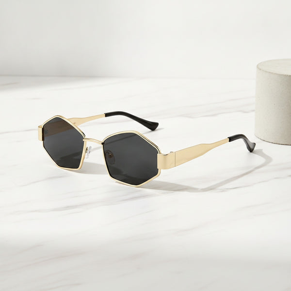 Lunette De Soleil Hexagonales En Métal Tendance - Monture Dorée