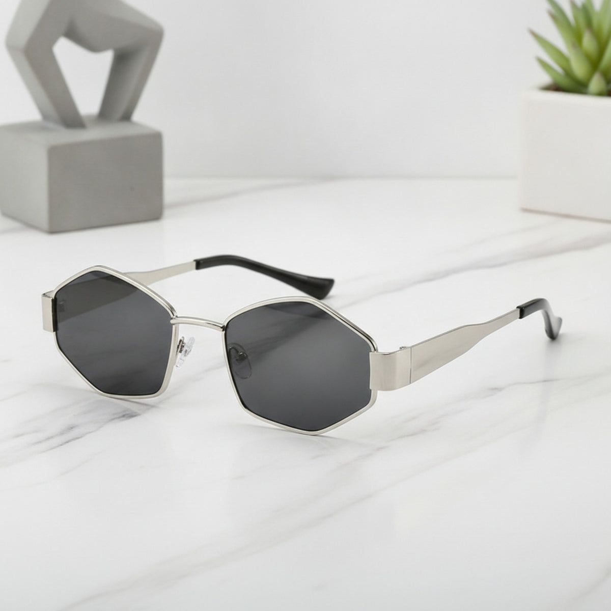Lunettes De Soleil Hexagonales Argentées Métal