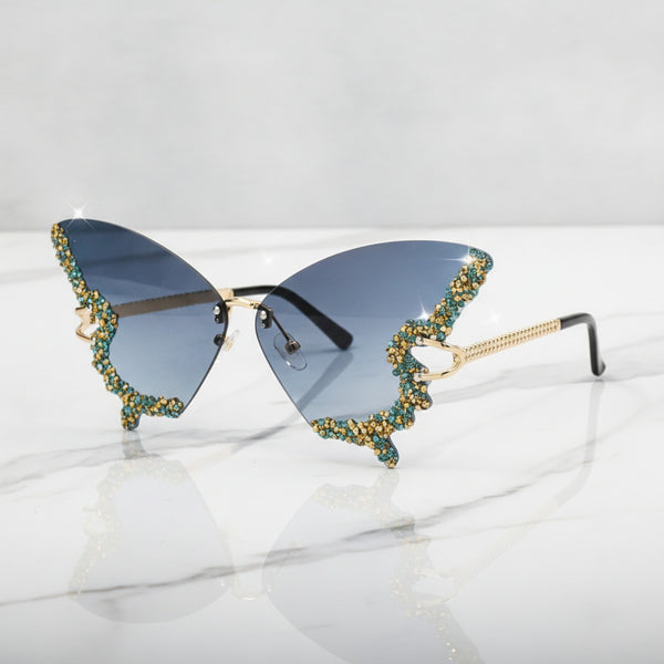 Lunettes de soleil papillon sans bords bleu - Style strass dégradé