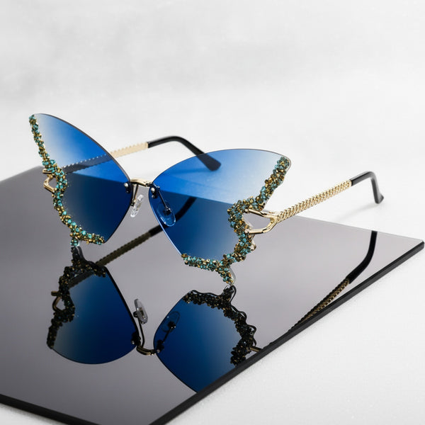 Lunettes De Soleil Papillon Sans Bords Pour Femme Et Homme, Style Strass Dégradé - Bleu Clair